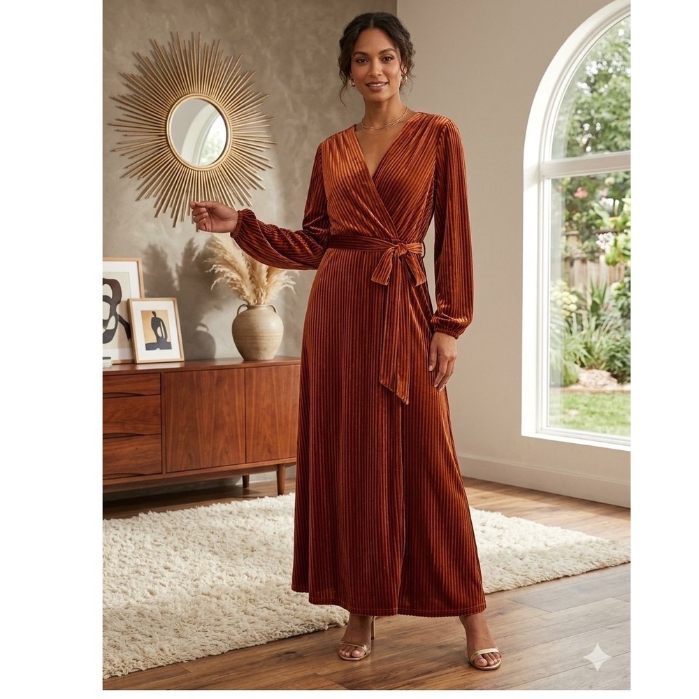 Simplee Plus Rust Pleated Velvet Wrap Maxi Dress V-Neck Long Sleeve 2XL